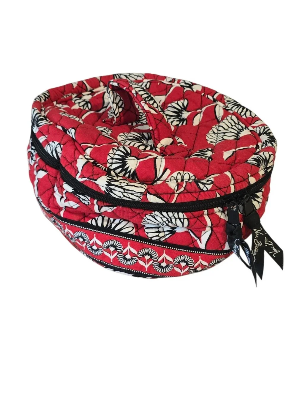 Vera Bradley Round Travel Cosmetic Bag Red Floral Quilted Makeup Toiletry Organi